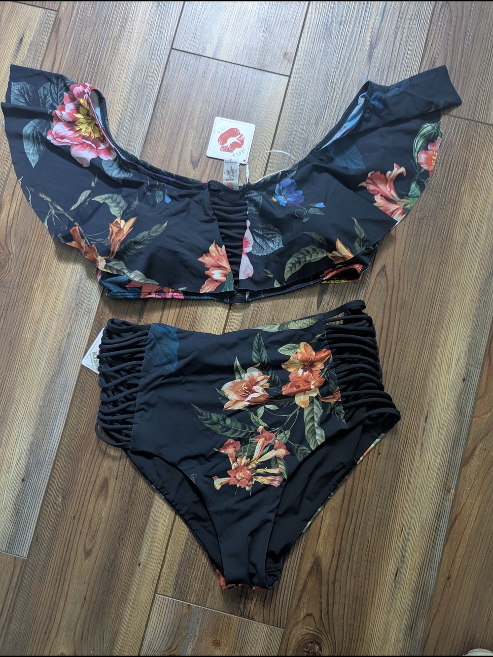 Hot Kiss Navy Floral Ruffled Bikini Set